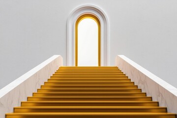 A stunning view of luxurious golden stairs leading to an elegant arched doorway illuminated with warm light, set against a minimalist white background.