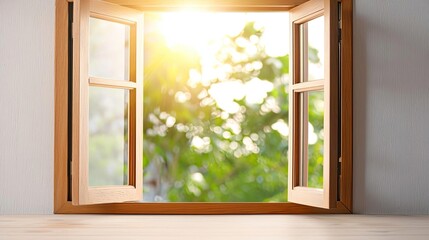 A sunny view through an open wooden window, allowing sunlight to illuminate the room and invite the fresh outdoor greenery inside.