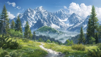 A path leads through a field of wildflowers towards a misty valley and snow-capped mountains. AI generative. .