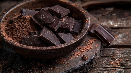 Dark chocolate pieces and cocoa powder in bowl, rustic wood background, food photography, recipe ingredient.