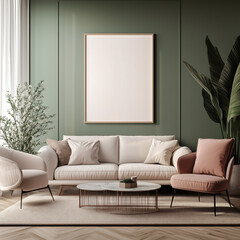 Elegant modern living room with green accent wall and empty poster frame mock-up above white sofa