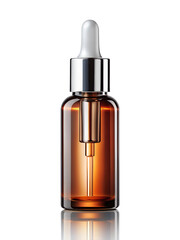 Fototapeta premium Glass dropper bottle, amber liquid, serum, cosmetic product, skincare, transparent background, metallic silver cap, sleek design,
