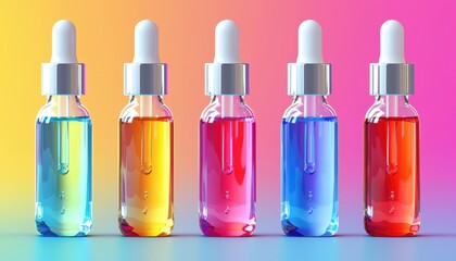 Colorful glass droppers filled with vibrant liquids arranged in a row against a gradient background.