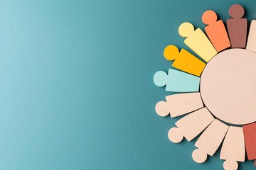Colorful wooden figures in a circle arrangement, representing community and unity, on a teal background.