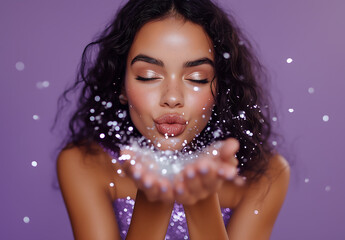 Glamorous woman blowing sparkling glitter against purple background in beauty concept