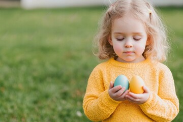 Young girl in a yellow sweater holding pastel colored Easter eggs in a lush green outdoor setting Capturing joy, innocence, and the spirit of Easter celebrations