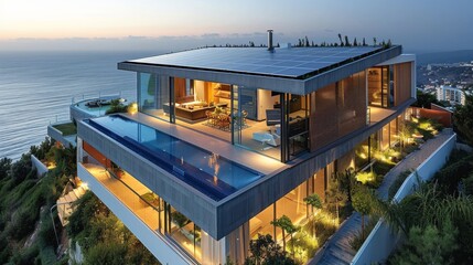 Fototapeta premium Modern house with infinity pool overlooking the ocean at dusk. AI generative. .