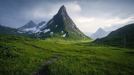 Fototapeta premium Rain Over Lush Green Valley And Dramatic Mountain Peak