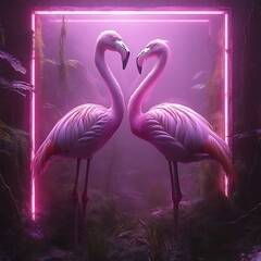 Pink flamingos romance, neon frame, jungle, digital art, love