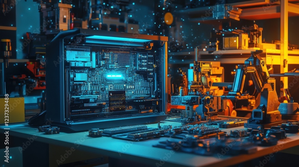 Aufkleber robotic arms and specialized equipment working on a circuit board within a technologically advanced 