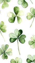 A seamless pattern of watercolor-style green clovers on a white background. Perfect for St. Patrick's Day designs, festive prints, wallpapers, and digital art.