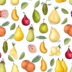 Seamless Pattern of Diverse Fruits: Pears, Apples, Mandarins, and Cherimoyas