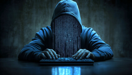 Anonymous hacker in a hoodie with a wooden-textured face using a keyboard, symbolizing cybercrime, identity theft, and online security threats