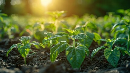 Close up of lush green leaves of young plants growing in soil with bright light in the background. AI generative. .
