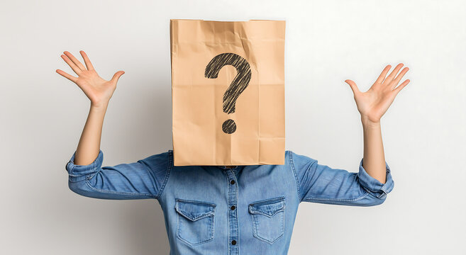 Mystery concept with a person wearing a paper bag with a question mark over their head, symbolizing identity, confusion, anonymity, and uncertainty