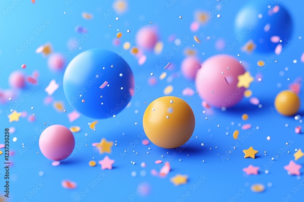 Poster colorful 3d spheres and confetti on a blue background, creating a festive atmosphere. 3d rendering c