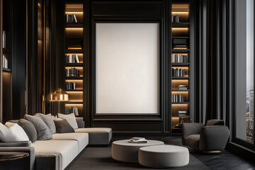 Mock-up poster empty frame in a luxurious dark home library with bookshelves, modern furniture, and warm ambient lighting for an elegant interior design