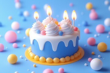 A colorful birthday cake with four lit candles, topped with swirls of frosting and decorative balls, set against a blue background with scattered pastel spheres. 3d rendering.