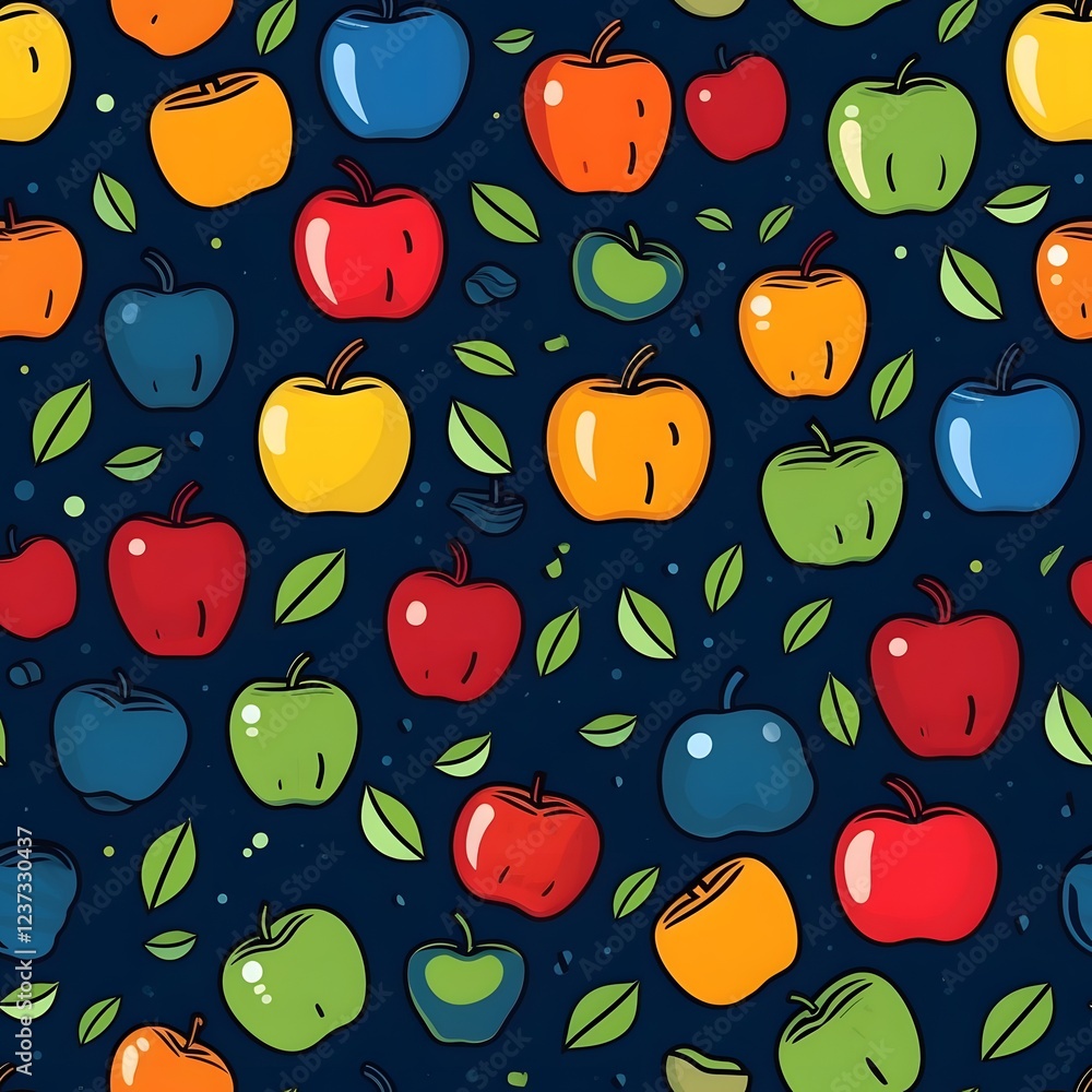 Poster seamless pattern of multicolored apples and leaves