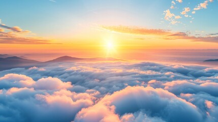 Obraz premium Golden sunset over fluffy clouds and distant mountains. AI generative. .