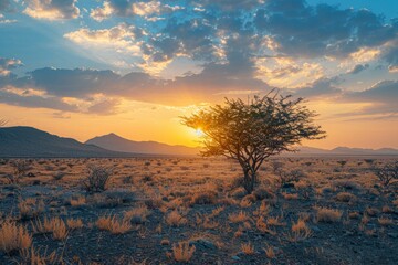 A lone tree stands in a desert landscape at sunset with mountains in the distance. AI generative. .