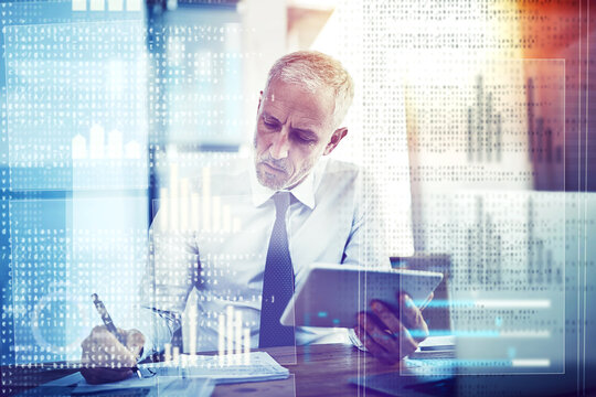 Overlay, graph and businessman on tablet writing for finance analytics, website and fintech research. Office, trader and person on digital tech for stock trading, cryptocurrency and online investment
