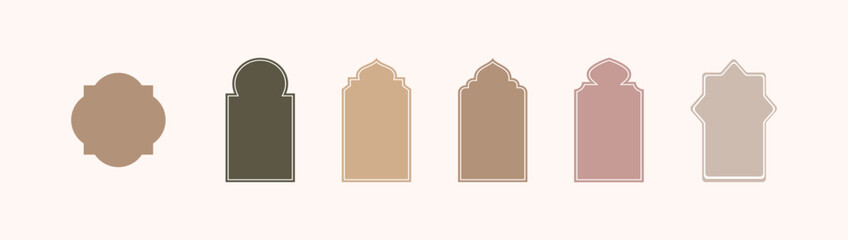 Shape Islamic door and window silhouette Arabic arch. Collection of patterns in oriental style. Frames in Arabic Muslim design for Ramadan Kareem. Vector mosque gate shape isolated on white background