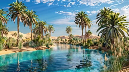 Desert Oasis with Palm Trees, Crystal-Clear Pool, and Sand Dunes Under a Scorching Sun. AI generated illustration.