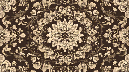 Brown kaleidoscopic pattern featuring intricate repetitive designs ideal for art and design projects. Kaleidoscopic Patterns. Illustration