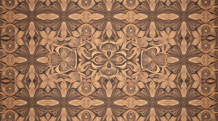 Brown kaleidoscopic pattern featuring intricate repetitive designs ideal for art and design projects. Kaleidoscopic Patterns. Illustration