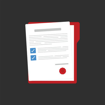 Document. Contract papers. Paper documents. Folder with stamp and text. Stack of agreements document with signature and approval stamp. Concept of paperwork, business documents. Folder, stack papers