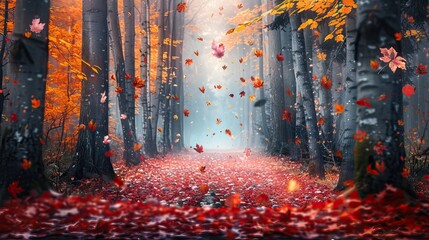 Picturesque Autumn Forest Path Covered in Fallen Leaves. AI generated illustration