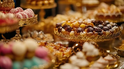 A Luxurious Dessert Buffet Displayed on Golden Trays