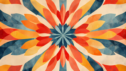 Colorful abstract vintage texture featuring a bright flower and geometric patterns illustrated in a kaleidoscopic style. Kaleidoscopic Patterns. Illustration