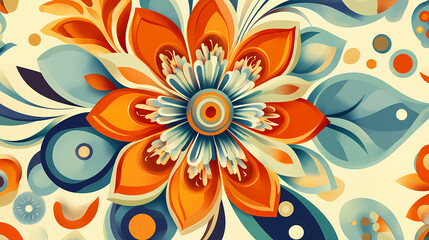 Colorful abstract vintage texture featuring a bright flower and geometric patterns illustrated in a kaleidoscopic style. Kaleidoscopic Patterns. Illustration