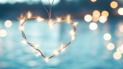 Soft bokeh lights form a heart shape against a blurred backdrop, creating a romantic ambiance perfect for love-filled occasions