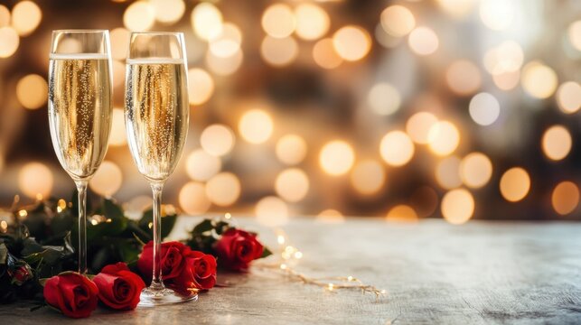 Two elegant champagne flutes are filled and surrounded by red roses, creating a romantic atmosphere perfect for a special dinner moment