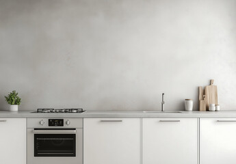 Minimalist bright kitchen interior with white cabinets, modern appliances, and neutral-toned home decor