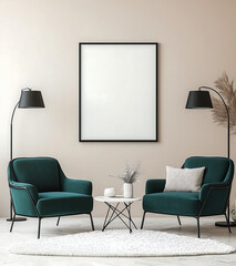Modern minimalist living room with two emerald green armchairs, a round coffee table, and an empty poster frame mock-up for wall art display