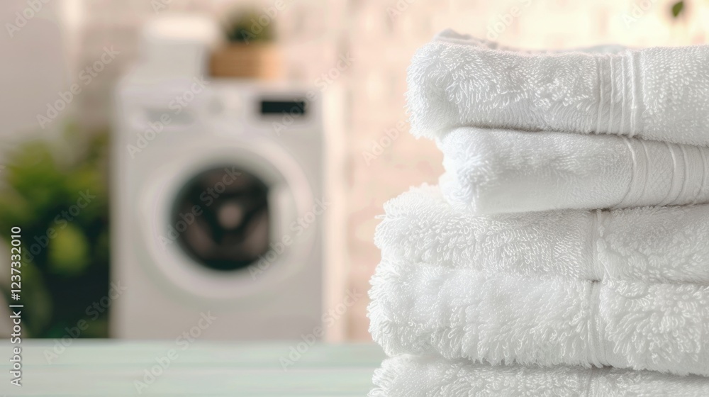 Aufkleber soft, clean white towels are stacked on a table in a laundry area, creating a tidy and inviting atmo
