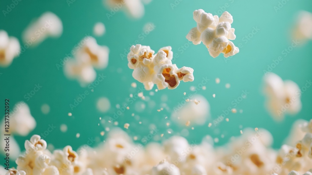 Poster popcorn pieces are scattered chaotically across a vibrant green surface, creating a whimsical and fu