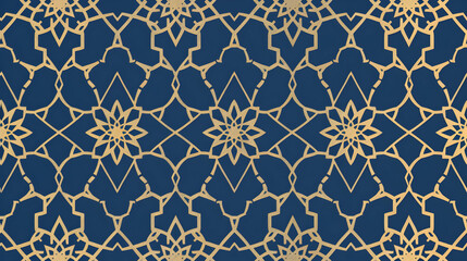 Elegant geometric pattern with gold motifs on a dark blue background.