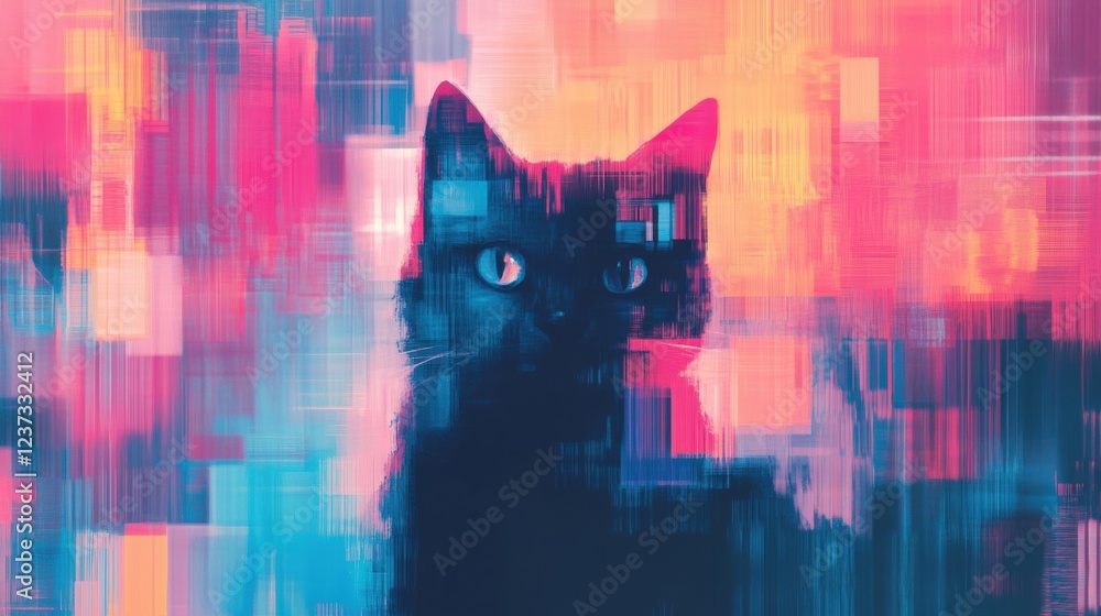 Poster a cute black cat stands against an abstract digital data grid, blending vibrant colors and patterns 
