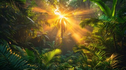 Sunbeams pierce through a dense jungle canopy, illuminating lush green foliage. AI generative. .