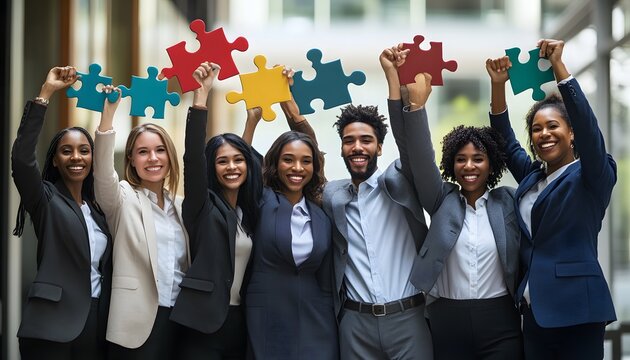 Diverse Business Team Holding Interlocking Puzzle Pieces