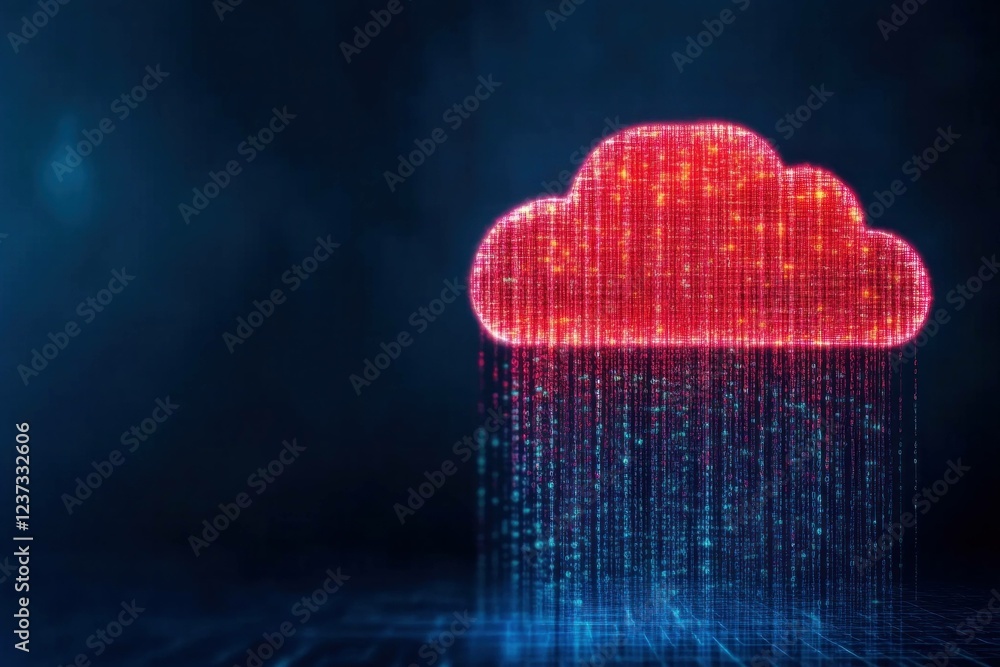 Poster abstract digital cloud concept with glowing red pixels and rain effect, representing data storage an