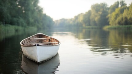 Obraz premium Serene river boat at dawn, calm water, green banks; idyllic travel scene
