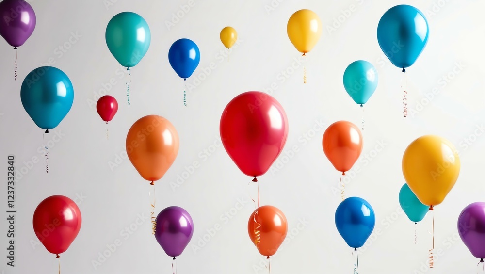 Wall mural floating colorful balloons on plain white background with space for text
