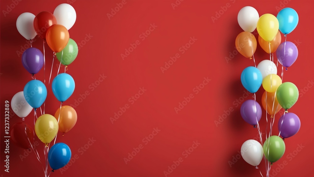 Wall mural floating colorful balloons on plain red background with space for text