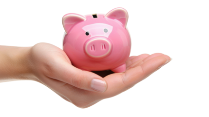 Woman holding piggy bank in open hand on transparent background